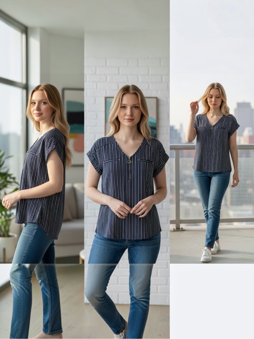Women’s Navy Striped V-Neck Blouse NWOT - Picture 2 of 4